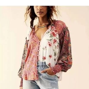 Free People Gemini Floral Patchwork Blouse - Pink and White XS